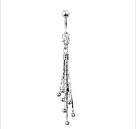 Stainless Steel Jeweled Belly Ring with Dangling Chains